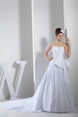 A-Line Strapless Chapel Train Beaded Taffeta Netting Wedding Dresses 2030044