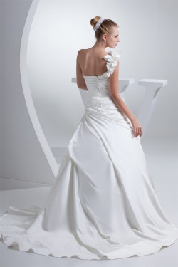 A-Line One-Shoulder Chapel Train Handmade Flowers Wedding Dresses 2030045
