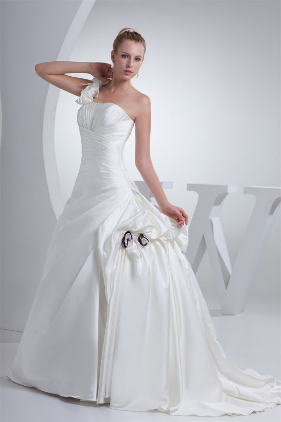A-Line One-Shoulder Chapel Train Handmade Flowers Wedding Dresses 2030045