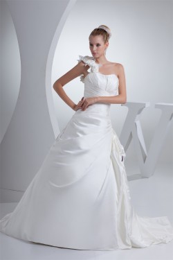 A-Line One-Shoulder Chapel Train Handmade Flowers Wedding Dresses 2030045