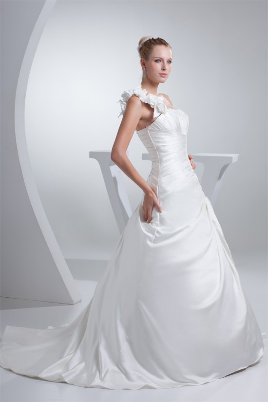 A-Line One-Shoulder Chapel Train Handmade Flowers Wedding Dresses 2030045