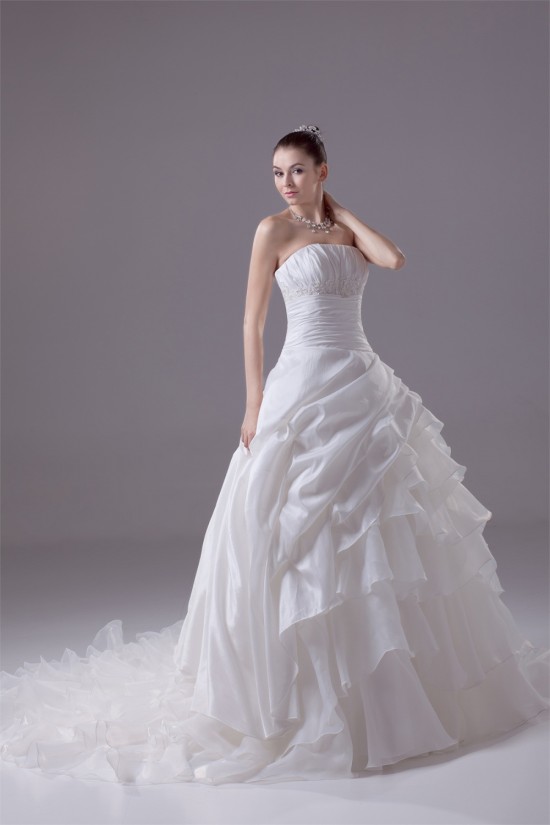 Amazing Organza Taffeta Strapless Beaded Appliques Chapel Train A-Line Wedding Dresses 2030052