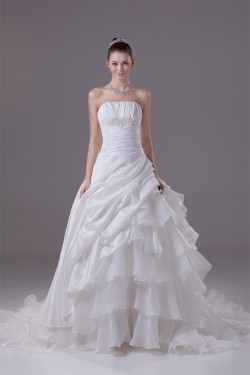 Amazing Organza Taffeta Strapless Beaded Appliques Chapel Train A-Line Wedding Dresses 2030052