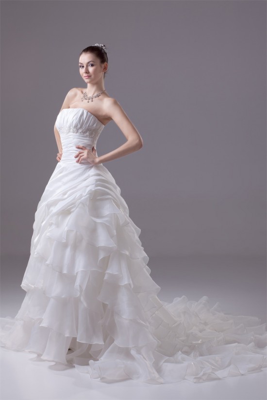 Amazing Organza Taffeta Strapless Beaded Appliques Chapel Train A-Line Wedding Dresses 2030052