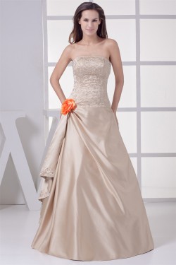 A-Line Strapless Floor-Length Beaded Satin Wedding Dresses 2030058