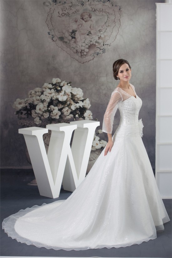 Amazing V-Neck A-Line Long Sleeve Satin Organza Sequins Wedding Dresses 2030060