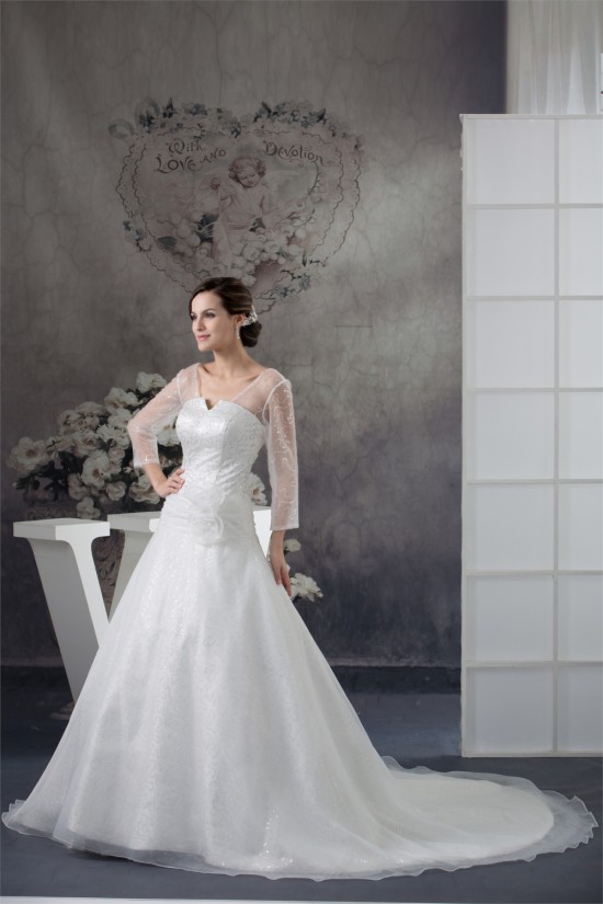 Amazing V-Neck A-Line Long Sleeve Satin Organza Sequins Wedding Dresses 2030060