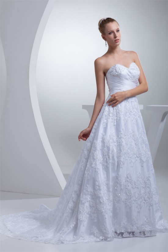 Attractive Sweetheart Satin Sleeveless A-Line Lace Wedding Dresses 2030061
