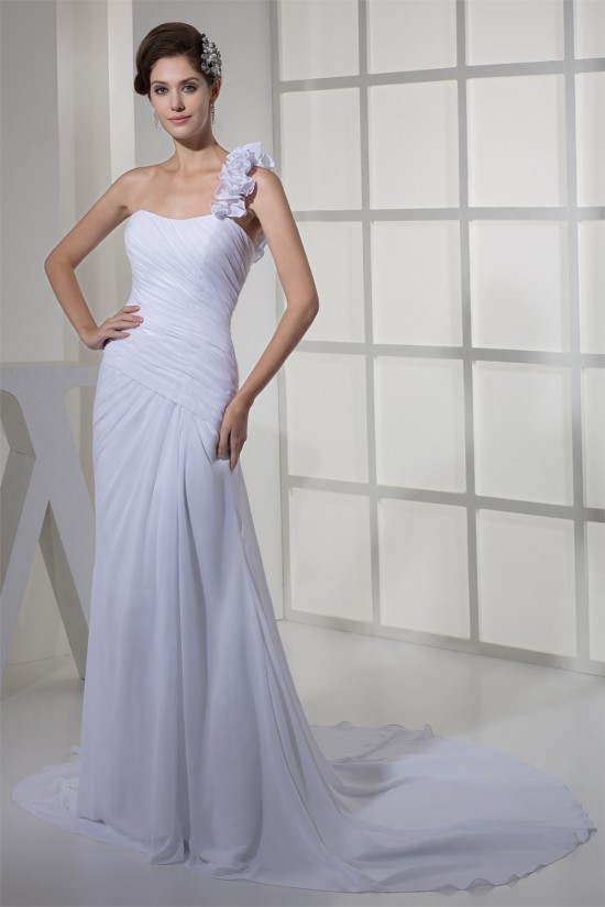 Beautiful Sheath/Column Chiffon One-Shoulder Sleeveless Wedding Dresses 2030067 Beautiful Sheath/Column Chiffon One-Shoulder Sleeveless Wedding Dresses 2030067