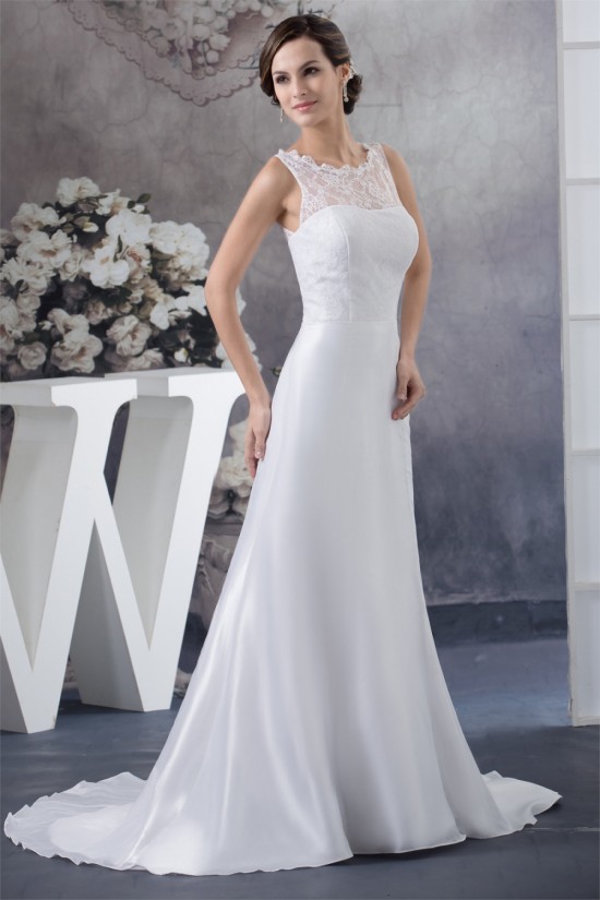 A-Line Sleeveless Lace Chiffon Sweep Train Wedding Dresses 2030068 A-Line Sleeveless Lace Chiffon Sweep Train Wedding Dresses 2030068