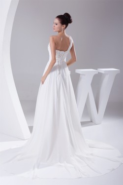 Beautiful A-Line Sleeveless Chiffon One-Shoulder Beaded Wedding Dresses 2030074