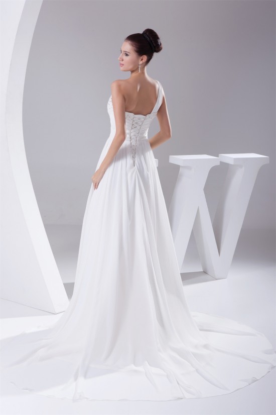 Beautiful A-Line Sleeveless Chiffon One-Shoulder Beaded Wedding Dresses 2030074 Beautiful A-Line Sleeveless Chiffon One-Shoulder Beaded Wedding Dresses 2030074