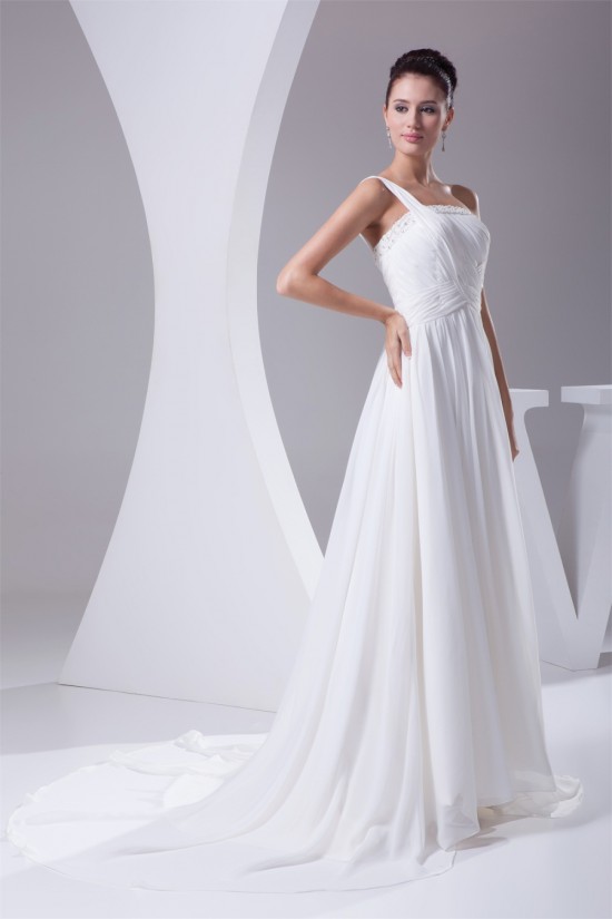 Beautiful A-Line Sleeveless Chiffon One-Shoulder Beaded Wedding Dresses 2030074 Beautiful A-Line Sleeveless Chiffon One-Shoulder Beaded Wedding Dresses 2030074