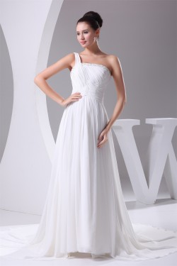Beautiful A-Line Sleeveless Chiffon One-Shoulder Beaded Wedding Dresses 2030074