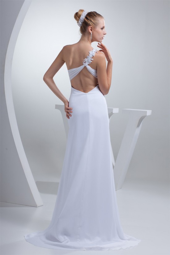 Brush Sweep Train Beading Chiffon Silk like Satin One-Shoulder Wedding Dresses 2030087 Brush Sweep Train Beading Chiffon Silk like Satin One-Shoulder Wedding Dresses 2030087