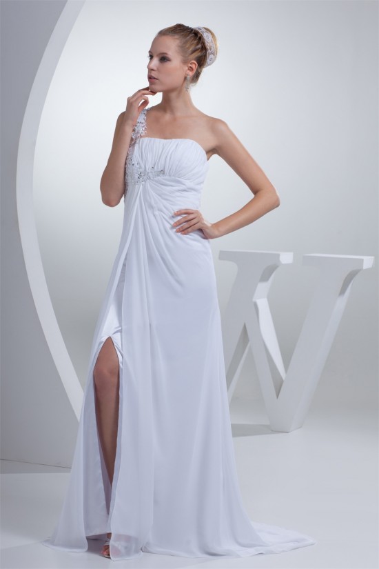 Brush Sweep Train Beading Chiffon Silk like Satin One-Shoulder Wedding Dresses 2030087 Brush Sweep Train Beading Chiffon Silk like Satin One-Shoulder Wedding Dresses 2030087