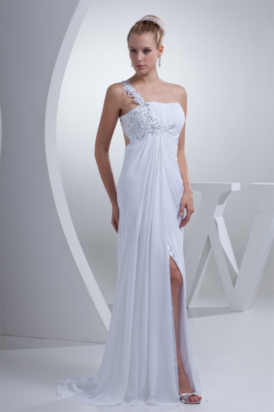Brush Sweep Train Beading Chiffon Silk like Satin One-Shoulder Wedding Dresses 2030087 Brush Sweep Train Beading Chiffon Silk like Satin One-Shoulder Wedding Dresses 2030087