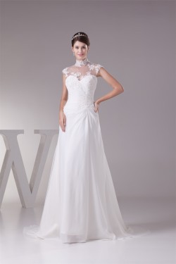 Chiffon Satin Lace High-Neck Sheath/Column Best Wedding Dresses 2030094