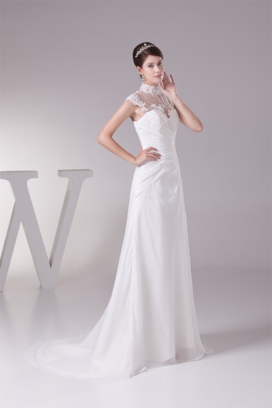 Chiffon Satin Lace High-Neck Sheath/Column Best Wedding Dresses 2030094 Chiffon Satin Lace High-Neck Sheath/Column Best Wedding Dresses 2030094