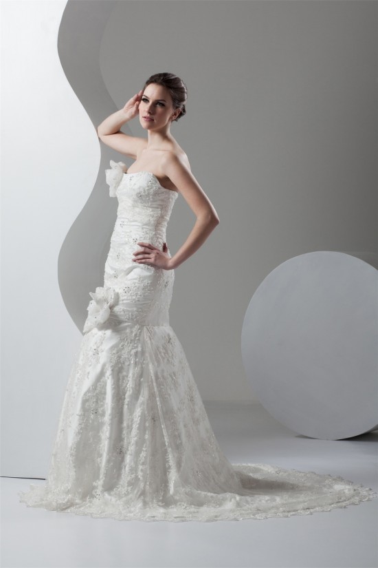 Strapless Sleeveless Mermaid/Trumpet Satin Lace Embellished Wedding Dresses 2031006 Strapless Sleeveless Mermaid/Trumpet Satin Lace Embellished Wedding Dresses 2031006