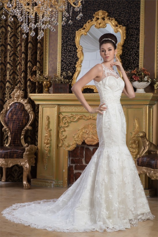Straps Mermaid/Trumpet Sleeveless Satin Lace Beautiful Wedding Dresses 2031010
