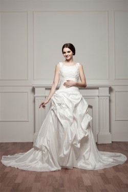 Straps Sleeveless Satin Taffeta A-Line Lace Beautiful Wedding Dresses 2031012