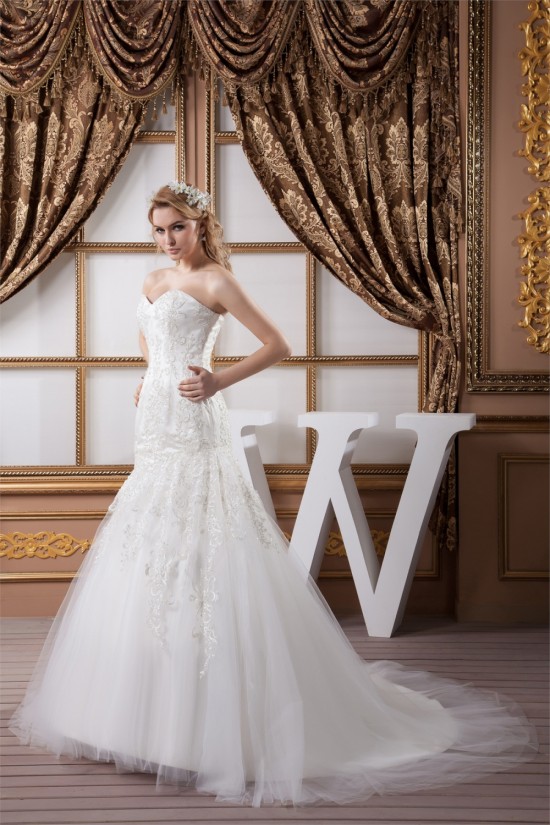 Sweetheart Sleeveless Satin Fine Netting Lace Wedding Dresses 2031017