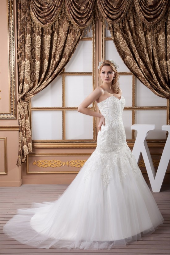 Sweetheart Sleeveless Satin Fine Netting Lace Wedding Dresses 2031017
