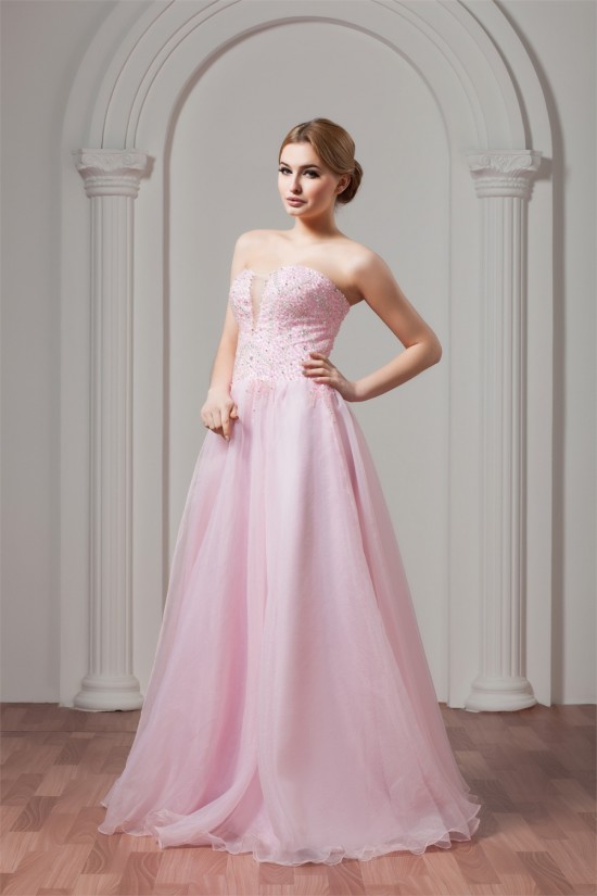 Sweetheart Sleeveless A-Line Satin Organza Beaded Pink Wedding Dresses 2031025