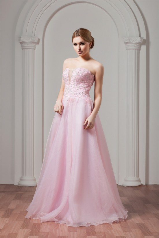 Sweetheart Sleeveless A-Line Satin Organza Beaded Pink Wedding Dresses 2031025