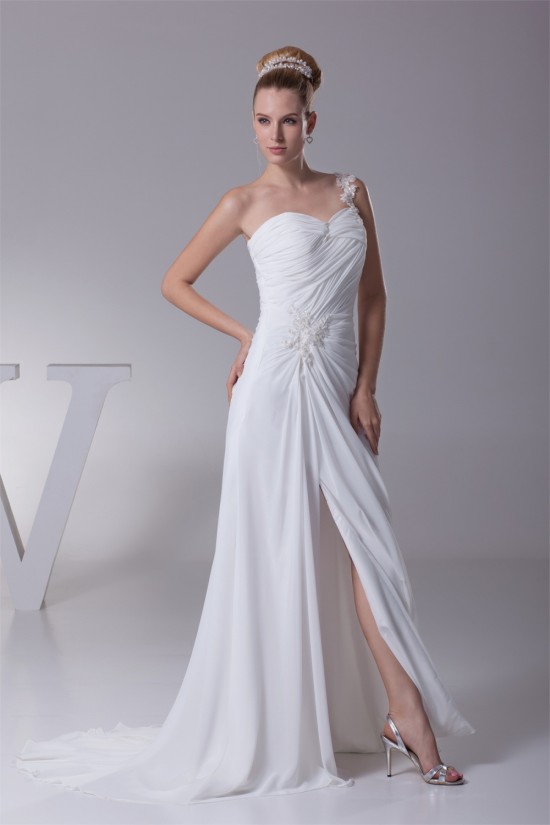 Sheath/Column Beaded Applique One-Shoulder Chiffon Wedding Dresses 2030104 Sheath/Column Beaded Applique One-Shoulder Chiffon Wedding Dresses 2030104