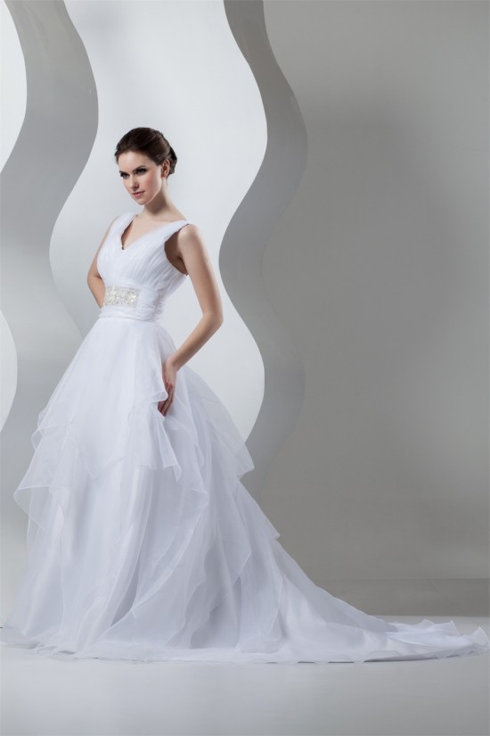 Unique Design V-Neck A-Line Satin Organza Beaded Sleeveless Wedding Dresses 2031044 Unique Design V-Neck A-Line Satin Organza Beaded Sleeveless Wedding Dresses 2031044