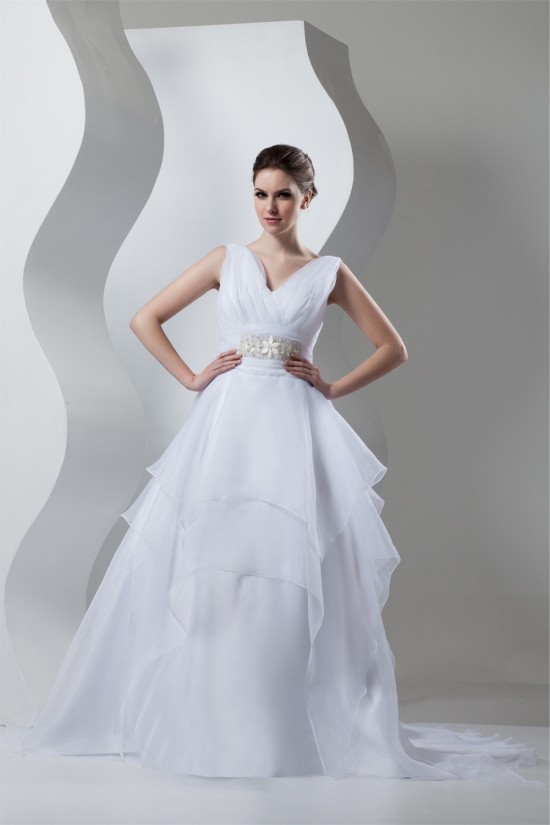 Unique Design V-Neck A-Line Satin Organza Beaded Sleeveless Wedding Dresses 2031044 Unique Design V-Neck A-Line Satin Organza Beaded Sleeveless Wedding Dresses 2031044