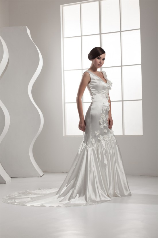 V-Neck Satin Sleeveless Handmade Flowers Wedding Dresses 2031045 V-Neck Satin Sleeveless Handmade Flowers Wedding Dresses 2031045
