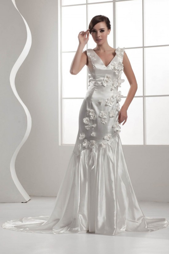 V-Neck Satin Sleeveless Handmade Flowers Wedding Dresses 2031045 V-Neck Satin Sleeveless Handmade Flowers Wedding Dresses 2031045