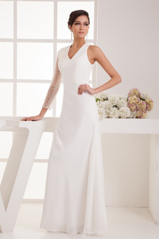 Sheath/Column V-Neck Beading One Sleeve Floor-Length Wedding Dresses 2031046 Sheath/Column V-Neck Beading One Sleeve Floor-Length Wedding Dresses 2031046