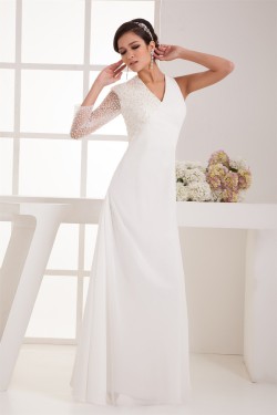Sheath/Column V-Neck Beading One Sleeve Floor-Length Wedding Dresses 2031046