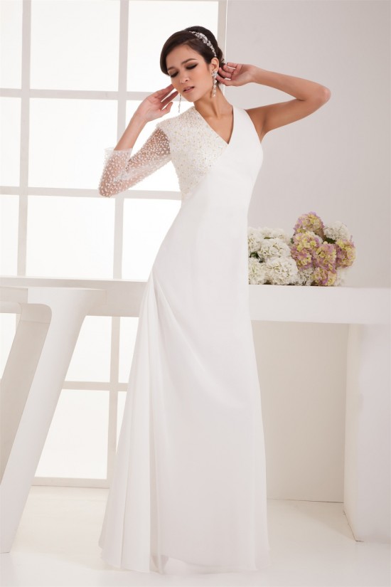 Sheath/Column V-Neck Beading One Sleeve Floor-Length Wedding Dresses 2031046 Sheath/Column V-Neck Beading One Sleeve Floor-Length Wedding Dresses 2031046