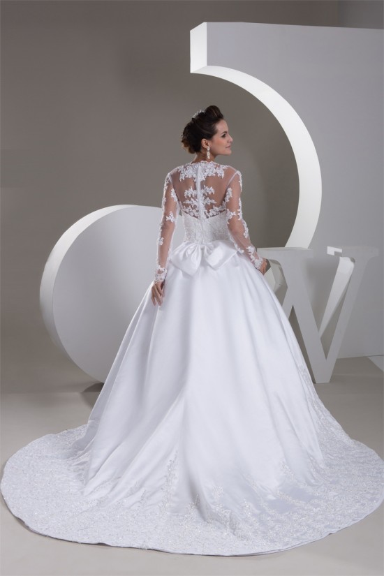 A-Line V-Neck Satin Fine Netting Long Sleeve Beaded Lace Wedding Dresses 2031047 A-Line V-Neck Satin Fine Netting Long Sleeve Beaded Lace Wedding Dresses 2031047