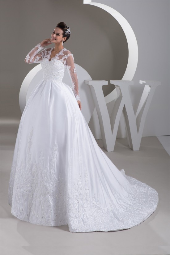 A-Line V-Neck Satin Fine Netting Long Sleeve Beaded Lace Wedding Dresses 2031047 A-Line V-Neck Satin Fine Netting Long Sleeve Beaded Lace Wedding Dresses 2031047