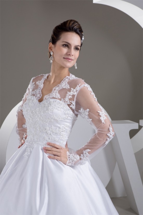 A-Line V-Neck Satin Fine Netting Long Sleeve Beaded Lace Wedding Dresses 2031047 A-Line V-Neck Satin Fine Netting Long Sleeve Beaded Lace Wedding Dresses 2031047