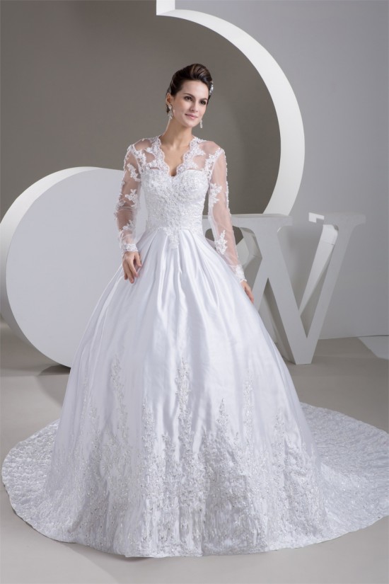 A-Line V-Neck Satin Fine Netting Long Sleeve Beaded Lace Wedding Dresses 2031047 A-Line V-Neck Satin Fine Netting Long Sleeve Beaded Lace Wedding Dresses 2031047