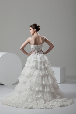 A-Line V-Neck Satin Organza Sleeveless Lace Embellished Wedding Dresses 2031048