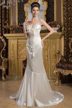 V-Neck Satin Silk like Satin Mermaid/Trumpet Beaded Wedding Dresses 2031049