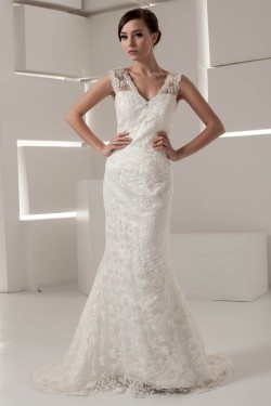 V-Neck Sleeveless Mermaid/Trumpet Satin Lace Fine Netting Wedding Dresses 2031050