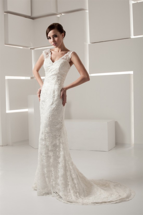 V-Neck Sleeveless Mermaid/Trumpet Satin Lace Fine Netting Wedding Dresses 2031050 V-Neck Sleeveless Mermaid/Trumpet Satin Lace Fine Netting Wedding Dresses 2031050