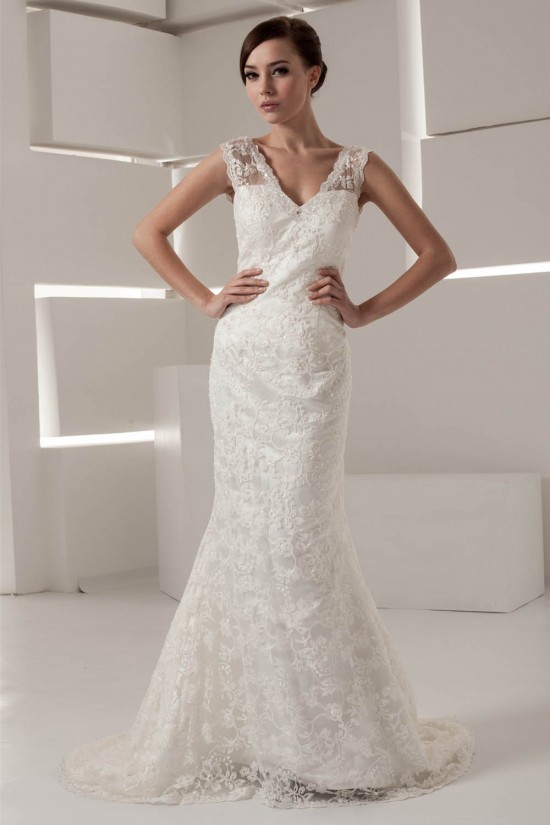 V-Neck Sleeveless Mermaid/Trumpet Satin Lace Fine Netting Wedding Dresses 2031050 V-Neck Sleeveless Mermaid/Trumpet Satin Lace Fine Netting Wedding Dresses 2031050