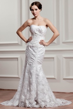 Trumpet/Mermaid Strapless Lace Court Train Beaded Wedding Dresses 2031060