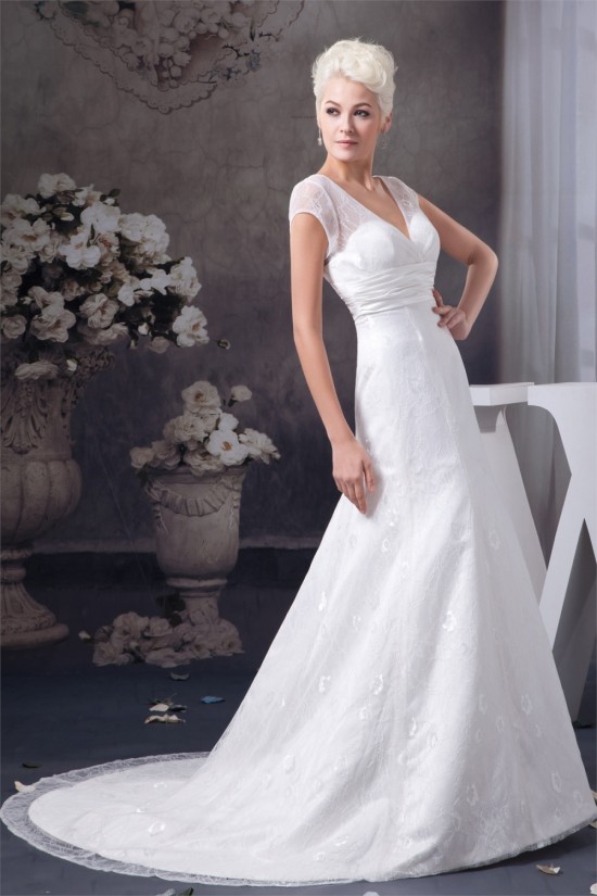 Wonderful A-Line Sleeveless V-Neck Satin Lace Wedding Dresses 2031061