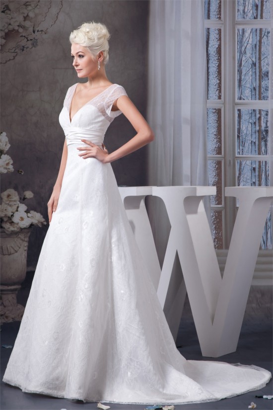 Wonderful A-Line Sleeveless V-Neck Satin Lace Wedding Dresses 2031061